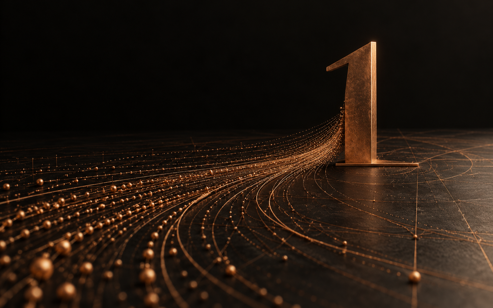 Copper signal traces converge into a single sculpted numeral one.